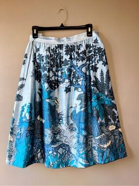 Vintage Miss Ming Singapore Handwoven Blue Silk Peacock Print A-Line Skirt 1960s